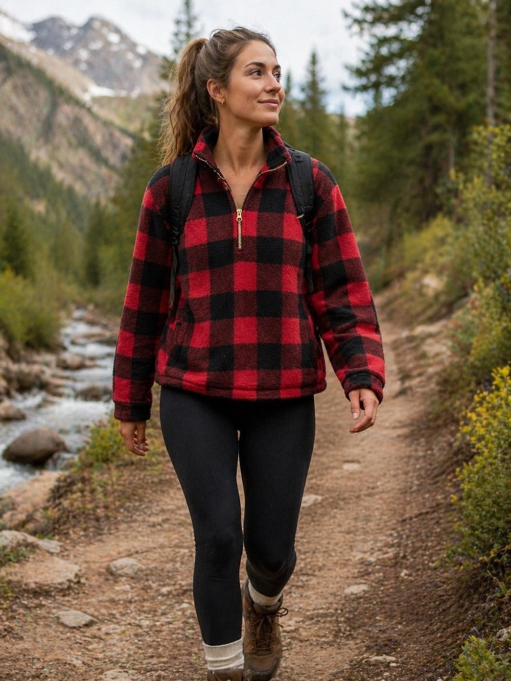 Old Navy Red and Black Buffalo Plaid Teddy Half-Zip Jacket
